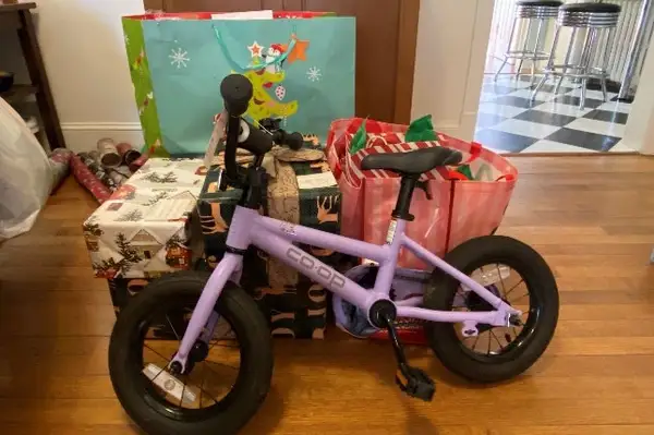 A restored bicycle prepared for delivery to a returning citizen.